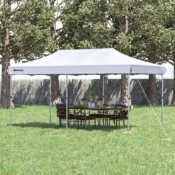 Outsunny 10'x20' Aluminum Pop Up Canopy Folding Instant Shelter Party Tent With Wheeled Bag, Thicker Tube, Ground Stakes For Patio Backyard