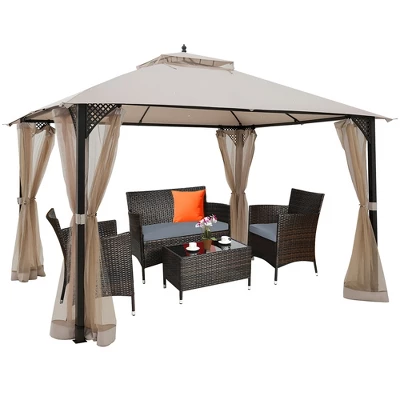 Costway 12' X 10' Outdoor Patio Gazebo Canopy Shelter Double Top Sidewalls Netting Brown Beige 7 Costway 12' X 10' Outdoor Patio Gazebo Canopy Shelter Double Top Sidewalls Netting Brown Beige - Image 7