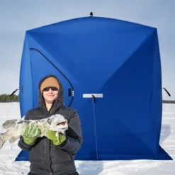 Outsunny 4 Person Ice Fishing Shelter, Waterproof Oxford Fabric Portable Pop-up Ice Tent With 2 Doors For Outdoor Fishing
