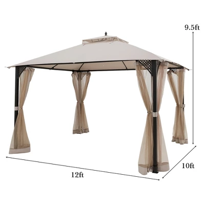 Costway 12' X 10' Outdoor Patio Gazebo Canopy Shelter Double Top Sidewalls Netting Brown Beige 1 Costway 12' X 10' Outdoor Patio Gazebo Canopy Shelter Double Top Sidewalls Netting Brown Beige