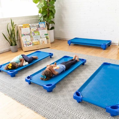 ECR4Kids Stackable Kiddie Cot With Sheet, Standard Size, Classroom Furniture, Blue, 6-Pack 7 ECR4Kids Stackable Kiddie Cot With Sheet, Standard Size, Classroom Furniture, Blue, 6-Pack - Image 7