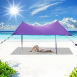 Costway Family Beach Tent Canopy W/4 Poles Sandbag Anchors 10'x9' UPF50+ Purple/Green/Blue