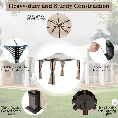 Costway 12' X 10' Outdoor Patio Gazebo Canopy Shelter Double Top Sidewalls Netting Brown Beige 5 Costway 12' X 10' Outdoor Patio Gazebo Canopy Shelter Double Top Sidewalls Netting Brown Beige - Image 5